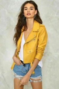  Motorcycle Leather Lambskin Designer Yellow Stylish Jacket Women
