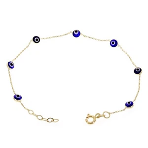 Italian 14k Yellow Gold Enamel Evil Eye Station Bracelet 7.5" 4.4mm 1.2 grams - Picture 1 of 5