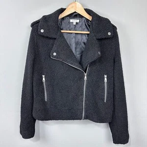 Max Studio Shearling Boucle Moto Biker Jacket Size M Black Faux Fur Teddy Bear - Picture 1 of 13