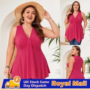 Plus Size Women Sexy V Neck Vest Tops Ladies Holiday Sleeveless Ruffle T-Shirt - Picture 1 of 18