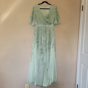 Mac Duggal Pailletten Schmetterlingsärmel High Low Kleid in Salbeigrün Größe 10 Event - Bild 1 von 8