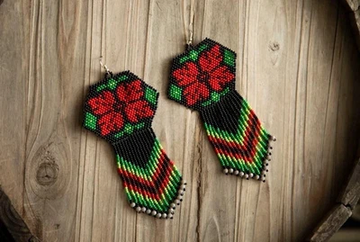 Серьги племенные индейские большие богемные американские бусины ручной работы серьги - Изображение 1 из 4