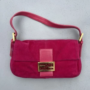 FENDI Mamma Baguette Pink Suede Gold Glitter Flap Shoulder Bag Purse - Picture 1 of 19