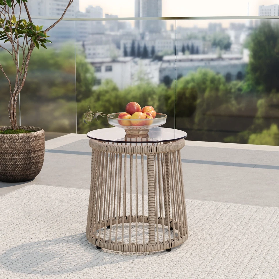 Outdoor Modern Patio Accent End Table Small Side Table Handwoven Rope Drum - Image 1 of 4
