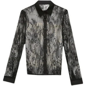 Women Lace Sheer Shirt Blouse Tops Hollow Out Button Long Sleeve Black Sexy - Picture 1 of 8