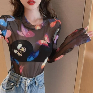 Femme Maille T Chemises Pull Papillon Transparent Basique Chemisier Haut - Foto 1 di 16