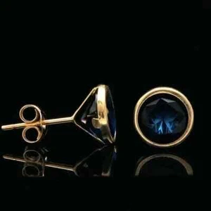 1Ct Round Lab Created Blue Sapphire Women's Stud Earring 14K Yellow Gold Plated - Picture 1 of 4