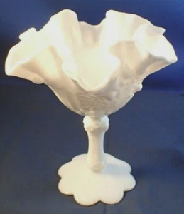 Fenton Milk Glass Cabbage Rose Footed Bon Bon Candy Dish With Ruffled Rim - Picture 1 of 5
