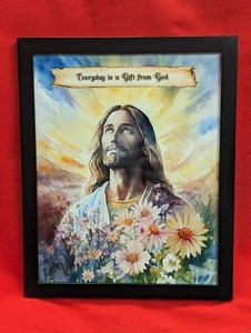 FRAMED - EVERYDAY IS A GIFT FROM GOD Jesus with Daisy flowers 8x10 - 9X11 FRAME - Picture 1 of 3