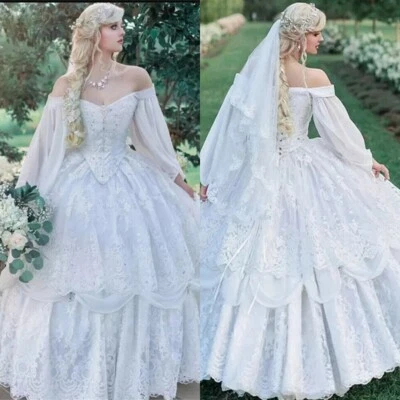 Medieval Renaissance Wedding Dress Off Shoulder Lace Applique Draped Bridal Gown - Image 1 of 4