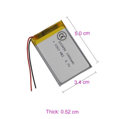 3.7V 1000mAh 3.7Wh Rechargeable Li Battery 523450 JST 2Pin 1.0/1.25/1.5/2.0/2.54 - Image 1 of 4