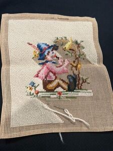 Vintage Partially Completed Needlepoint Canvas Hummel Like Boy 7"x8" w Needles