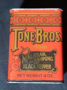 Vintage Tone Bros Gewürzdose gemahlener Malabar & Lampong schwarzer Pfeffer 4 Oz Rotgold - Bild 1 von 12
