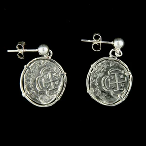 Atocha Sunken Treasure Jewelry - 1 Reale Silver Coin Earrings - Picture 1 of 5