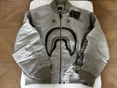 authentic a bathing ape bape tonal chain stitch shark bomber jacket L new beige - Image 1 of 4