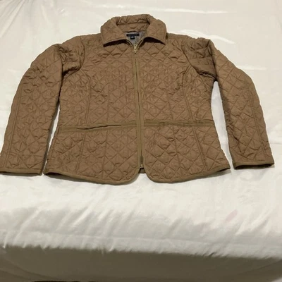 Jaqueta acolchoada feminina Tommy Hilfiger bege feminina tamanho grande em excelente estado usado colarinho xadrez - Imagem 1 de 4
