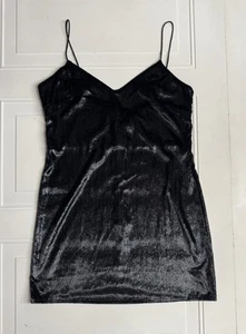 Topshop Womens Black V-Neck Spaghetti Strap Glitter Velvet Mini Slip Dress 6 - Picture 1 of 6