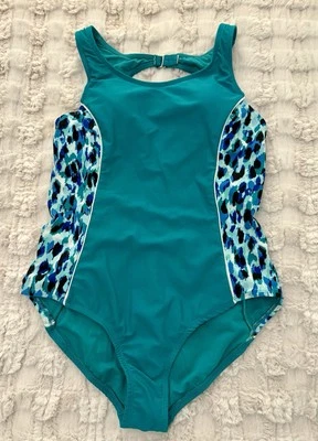 Catalina 1 Pc Abstract Print Swimsuit Bathing Suit w Keyhole. Teal. L (12-14) - Image 1 of 4