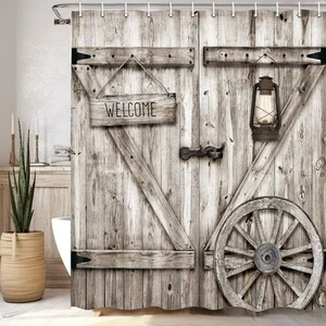 Rustic Barn Door Shower Curtain 70x70in Waterproof 12 Pack Hooks Multi1 Polyeste - Picture 1 of 7