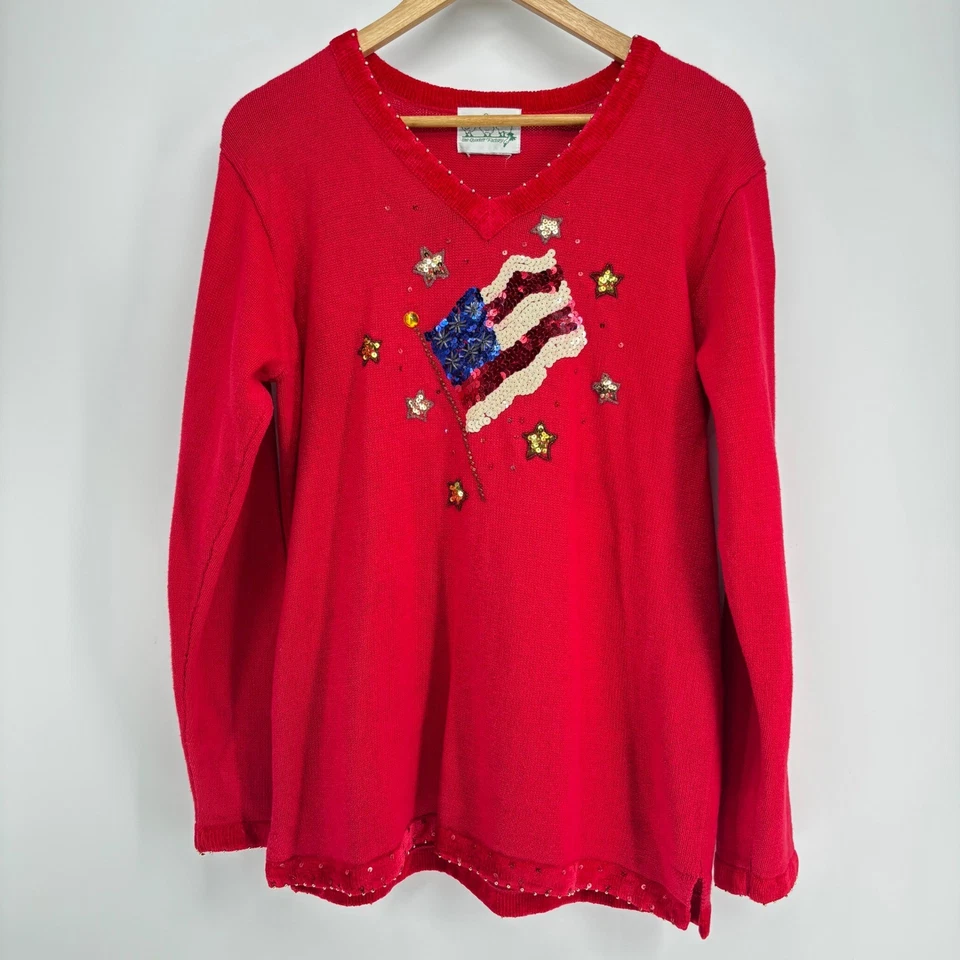 Quaker Factory American Flag Sweater Patriotic Stars Sequin Women L Red VTG - Image 1 of 4