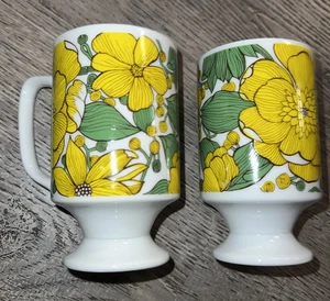 2 tazze vintage MCM Goodwood giallo, bianco e verde con piedi floreali - Made in Japan - Foto 1 di 14