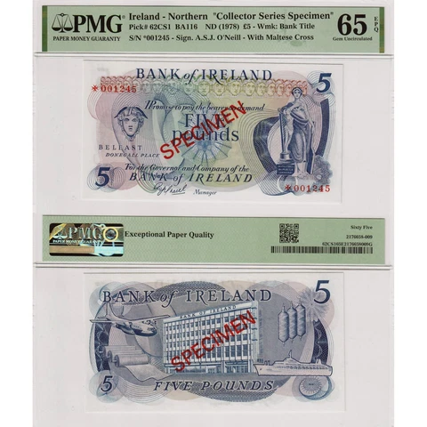 Ireland Northern £5 Pick#62CS1 Collector Series Specimen PMG GEM UNC 65 EPQ Cover
