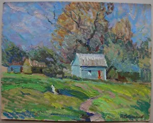 Ukrainische Sowjet UdSSR Ölgemälde Pointillismus Haus Hinterhof Hütte Architektur - Bild 1 von 11