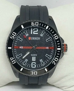 Mens Curren Classic Round Black Tone Black Rubber Band Analog Watch A9 - Picture 1 of 11