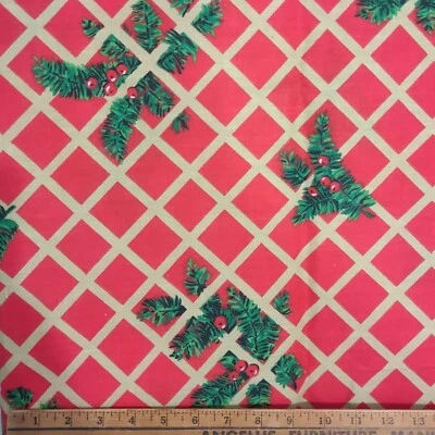 1.5 yd Vtg Springs Mills Fabric Christmas Gold Lattice Red Berries & Pine - Image 1 of 4