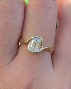 Delicate Cushion Cut Moissanite Bypass Full Bezel Solitaire Ring 14K Solid Gold - Picture 1 of 13