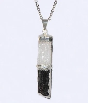 Black Tourmaline and Selenite Stacked Pendant Necklace Sterling Silver Chain Hea - Image 1 of 4