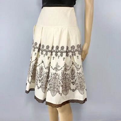 Apt 9 Skirt Womens Size 6 Cream Brown Damask Pattern Scalloped Lace Pleated  - Image 1 of 4
