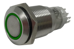 Green LED Stainless Metal Latching Push Button Switch On Off 12V - 16mm Mounting - Picture 1 of 7