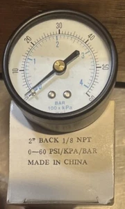 2” Face Pressure Gauge, Back 1/8” Npt, 0-60 PSI, Brass / Steel Body, Glass Face - Picture 1 of 3