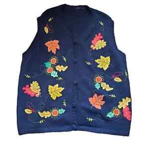 Vintage Fall Leaf Pattern Autumnal Sleeveless Cardigan Sweater Vest Size 2X