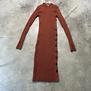 Adam Lippes Collective Knit Dress Womens Size Large Rust Brown Side Button Midi - Picture 1 of 8