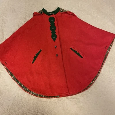 Vintage Wool Cape Poncho Red Green Tyroler Loden Hooded Austria German Child’s 6 - Image 1 of 4