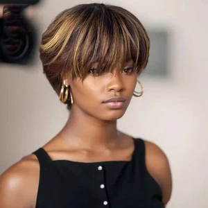 Short Cut Wig With Bangs Human Hair Blonde Highlight Scalp Top Full Machine Made - Picture 1 of 9
