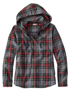 L.L. Bean Women's Plaid Flannel Relaxed Full Zip Hoodie Shirt XS Gray Red READ - Picture 1 of 10