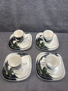 4 x Stunning Sango Quadrille Black Lilies Trio (Cup, Saucer + Plate) Teaset chip - Picture 1 of 21