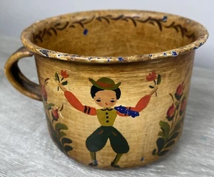 Taza de granito Toleware arte popular pintado a mano de colección “buena suerte” niño holandés tulipanes - Imagen 1 de 7