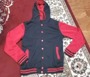 JACKET BOYS SIZE L FLEECE LINED HOODED black red FULL ZIP TRACK COAT - Picture 1 of 1