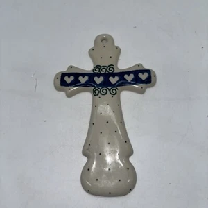 Polish Pottery Boleslawiec Cross Wall Plaque Christmas Ornament Polka Dot 7 1/4” - Picture 1 of 5