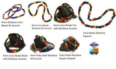 18 Inch Gay Pride Surfer Necklace Choker Rainbow Coco Beads Puka Shells LGBTQ - Image 1 of 4