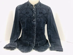 Designer dunkelblau Denim Vintage Damen Knopf Jacke Blumen bestickt Größe 8 - Bild 1 von 12