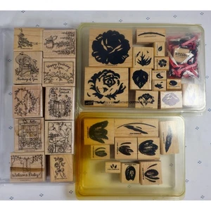 Stampin Up Wood Mounted Rubber Stamps Lot Flowers VINTAGE Scrapbooking 2001 - Picture 1 of 9