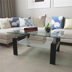 Modern Rectangle Glass Coffee Table Side Center Table with Shelf for Living Room - Picture 1 of 13