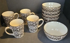 8 PC 222 Fifth PTS Sentosa 3 Mugs & 5 Bowls. Scrolls Plumes Tan Brown FREESHIP - Picture 1 of 24