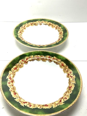 Lot of 2 Christmas American Atelier Noel Rimmed Soup Bowls Green Gold holliday - Image 1 of 4