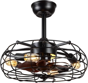 Caged Ceiling Fans with Lights - Black Outdoor Ceiling Fan with Remote and Rever - Picture 1 of 9
